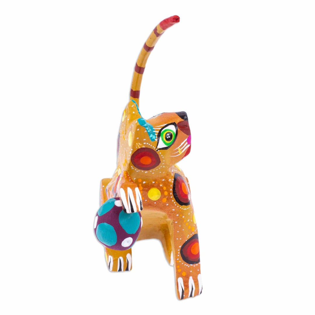 Painted Mustard Copal Wood Alebrije Cat Figurine with Ball - Feline Sport in Mustard