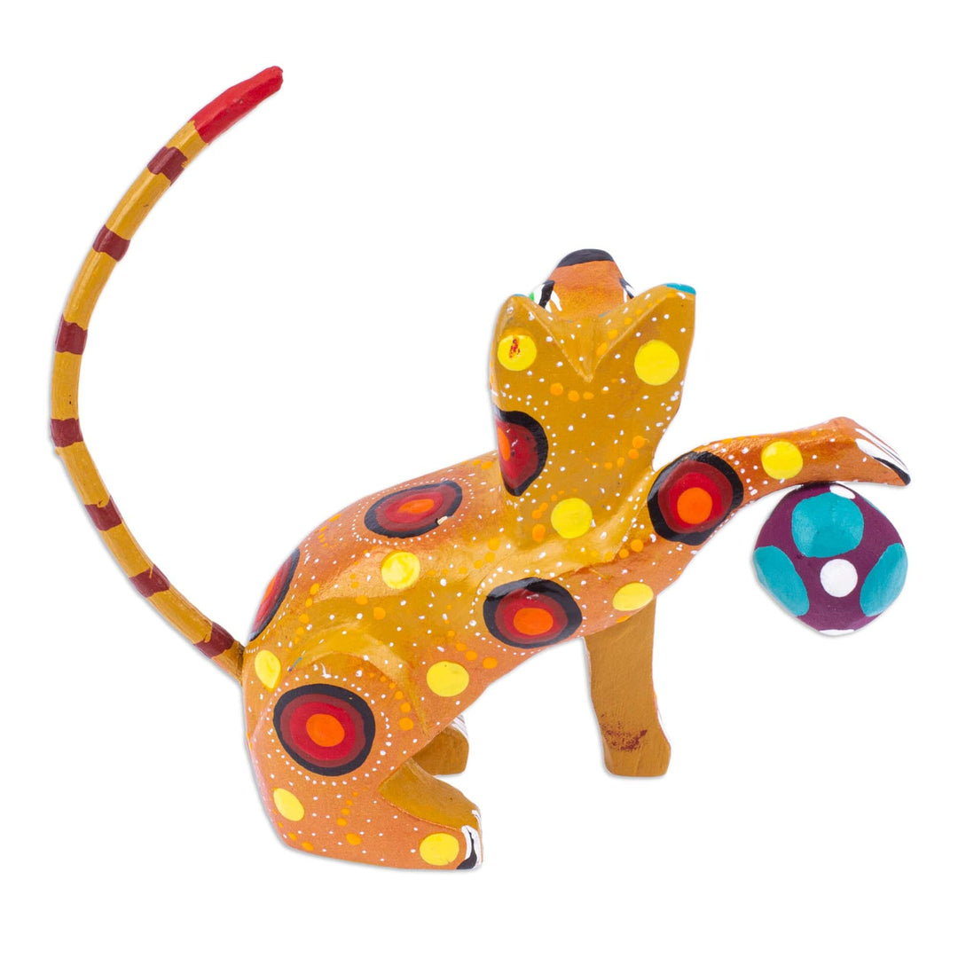 Painted Mustard Copal Wood Alebrije Cat Figurine with Ball - Feline Sport in Mustard