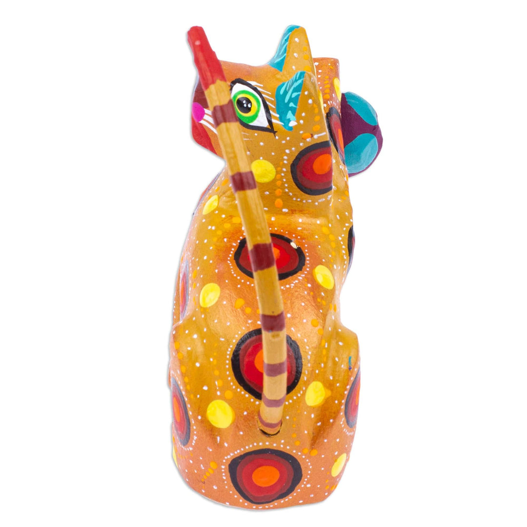 Painted Mustard Copal Wood Alebrije Cat Figurine with Ball - Feline Sport in Mustard