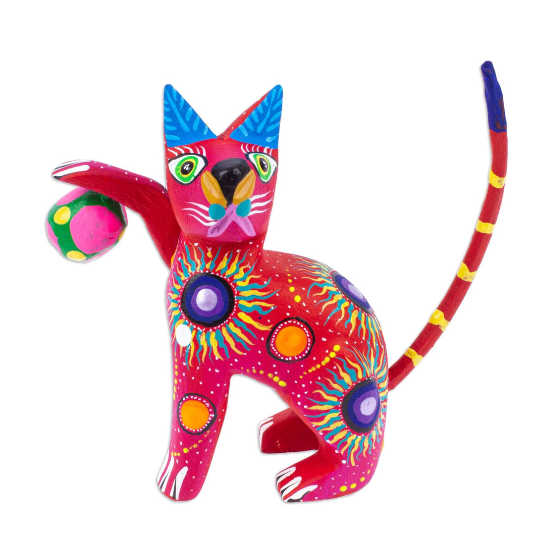Painted Scarlet Copal Wood Alebrije Cat Figurine with Ball - Feline Sport in Scarlet