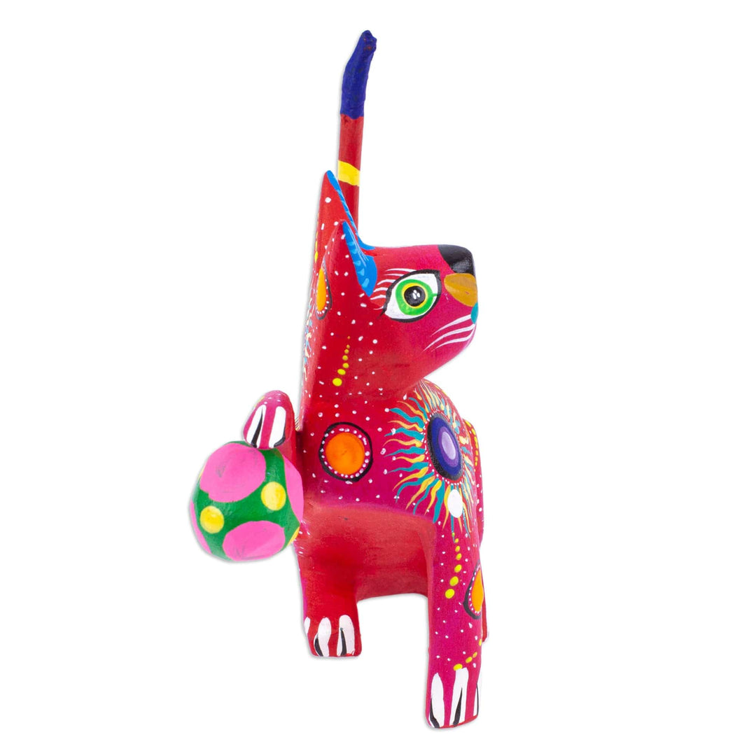 Painted Scarlet Copal Wood Alebrije Cat Figurine with Ball - Feline Sport in Scarlet