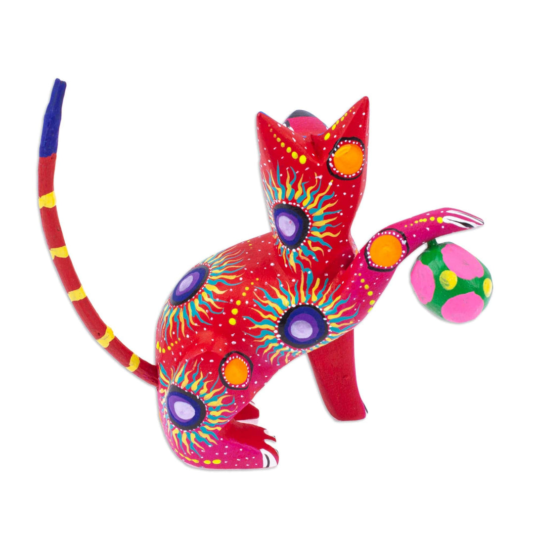 Painted Scarlet Copal Wood Alebrije Cat Figurine with Ball - Feline Sport in Scarlet