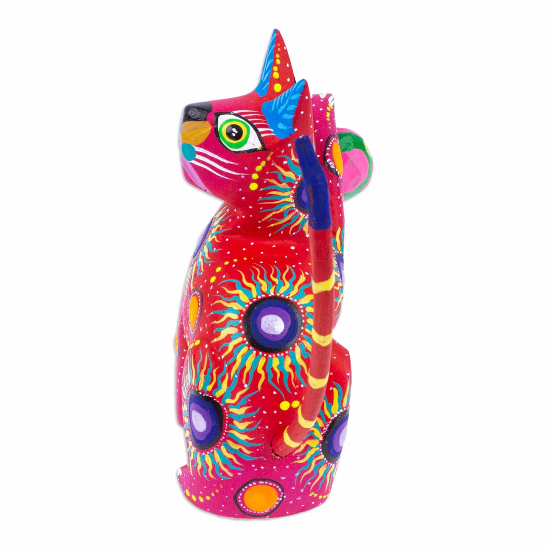 Painted Scarlet Copal Wood Alebrije Cat Figurine with Ball - Feline Sport in Scarlet