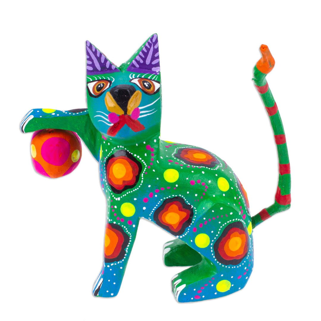 Painted Green Copal Wood Alebrije Cat Figurine with Ball - Feline Sport in Green