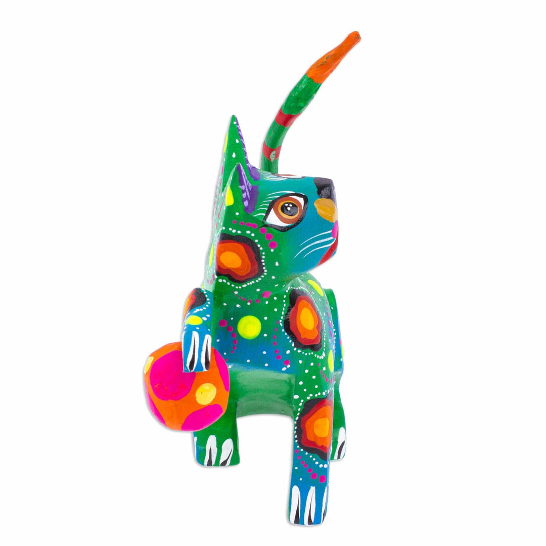 Painted Green Copal Wood Alebrije Cat Figurine with Ball - Feline Sport in Green
