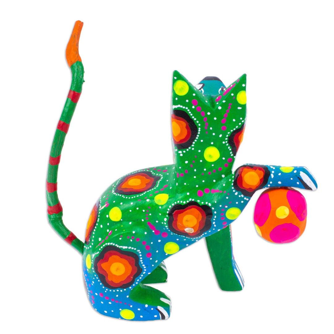 Painted Green Copal Wood Alebrije Cat Figurine with Ball - Feline Sport in Green