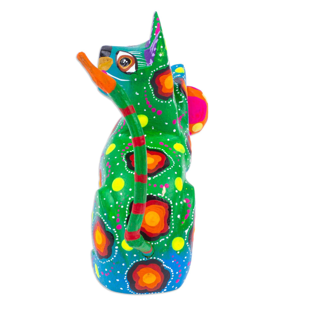 Painted Green Copal Wood Alebrije Cat Figurine with Ball - Feline Sport in Green