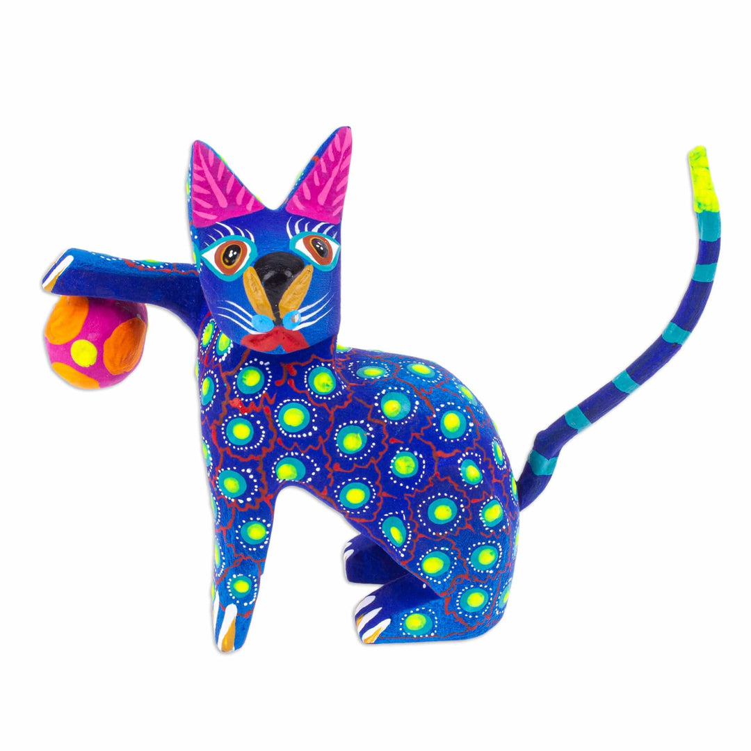 Painted Indigo Copal Wood Alebrije Cat Figurine with Ball - Feline Sport in Indigo