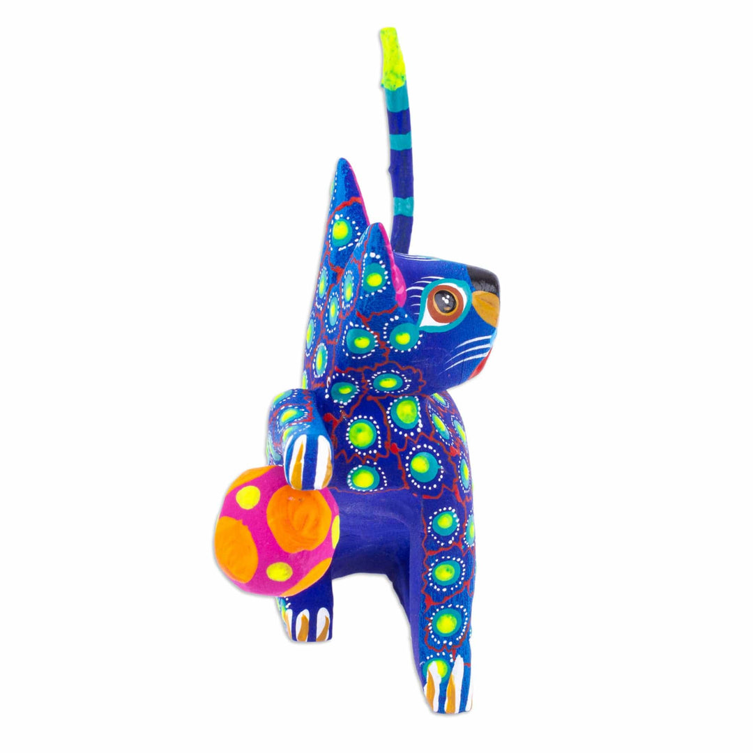 Painted Indigo Copal Wood Alebrije Cat Figurine with Ball - Feline Sport in Indigo