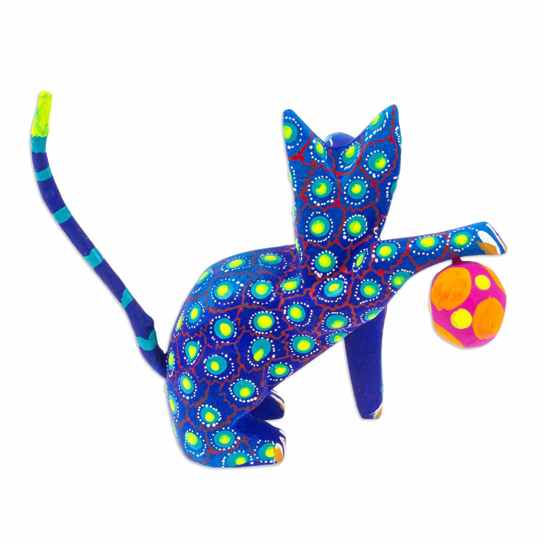 Painted Indigo Copal Wood Alebrije Cat Figurine with Ball - Feline Sport in Indigo