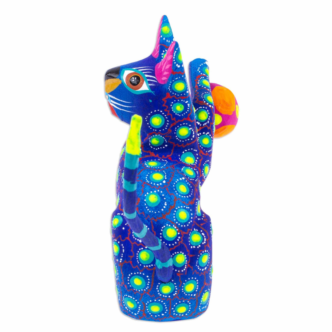 Painted Indigo Copal Wood Alebrije Cat Figurine with Ball - Feline Sport in Indigo
