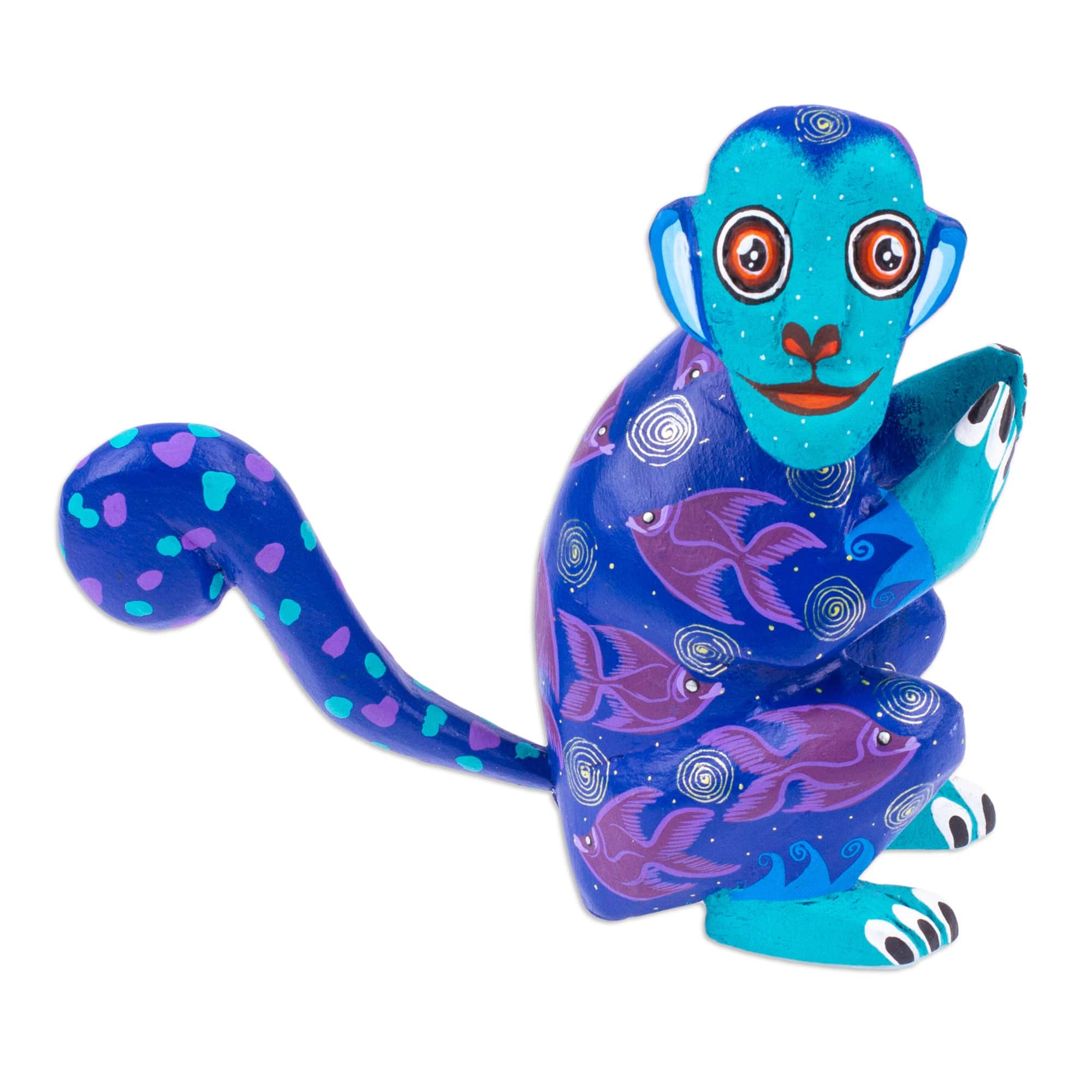 Fish-Themed Indigo Copal Wood Alebrije Monkey Figurine - Playful Soul ...