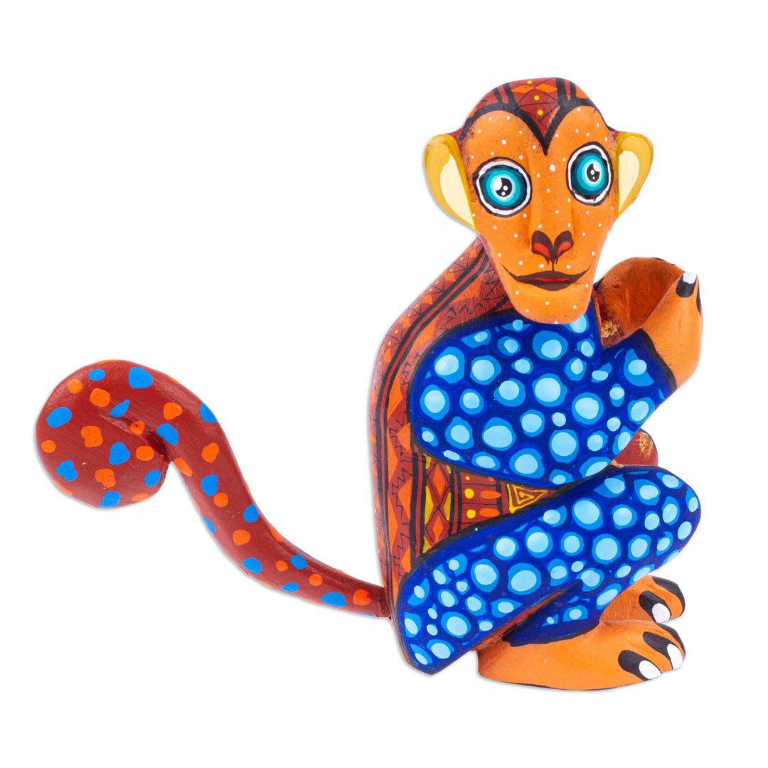 Painted Brown and Blue Copal Wood Alebrije Monkey Figurine - Playful Soul in Brown