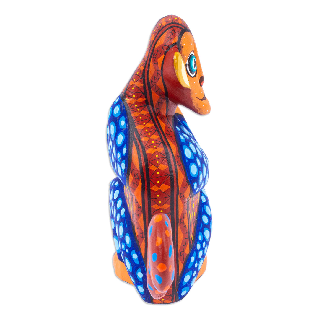 Painted Brown and Blue Copal Wood Alebrije Monkey Figurine - Playful Soul in Brown