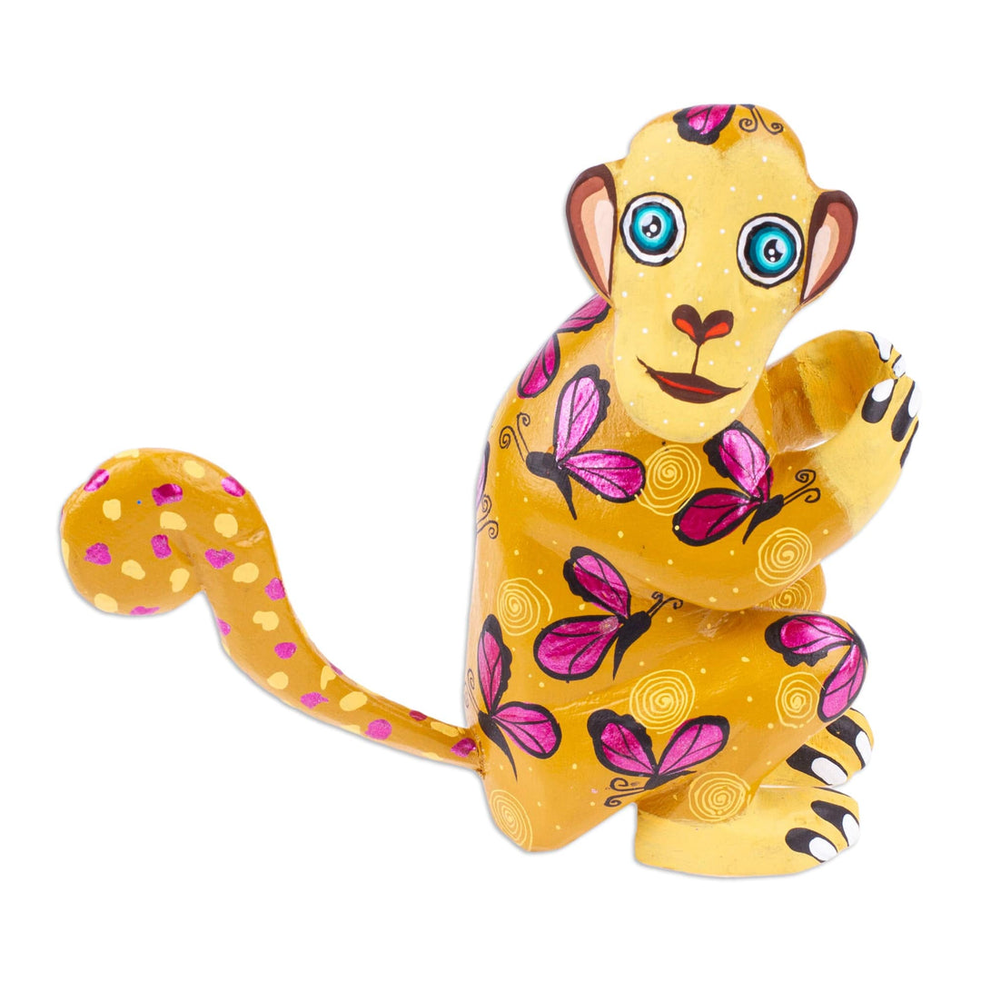 Butterfly-Themed Honey Copal Wood Alebrije Monkey Figurine - Playful Soul in Honey