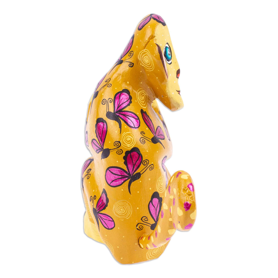 Butterfly-Themed Honey Copal Wood Alebrije Monkey Figurine - Playful Soul in Honey