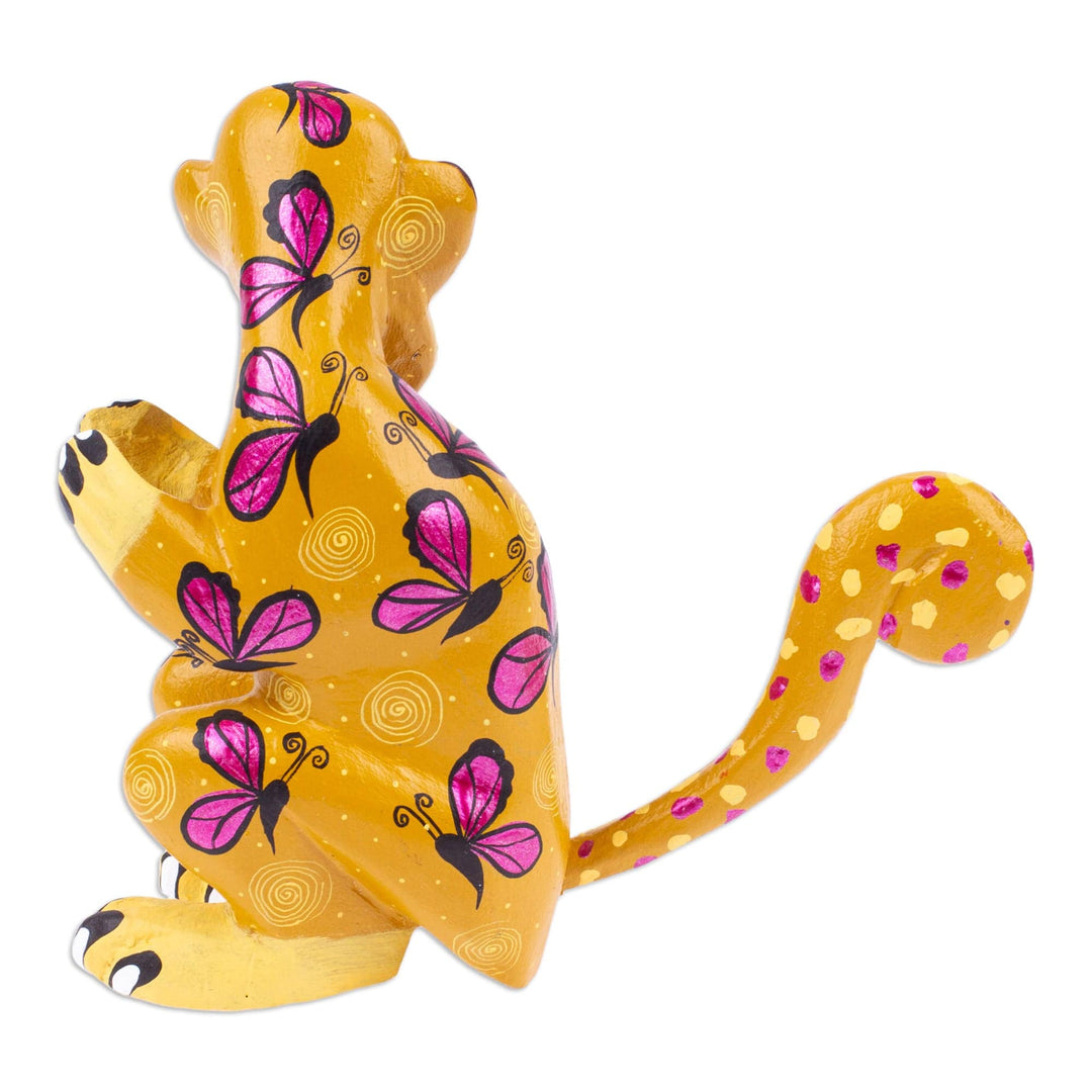 Butterfly-Themed Honey Copal Wood Alebrije Monkey Figurine - Playful Soul in Honey