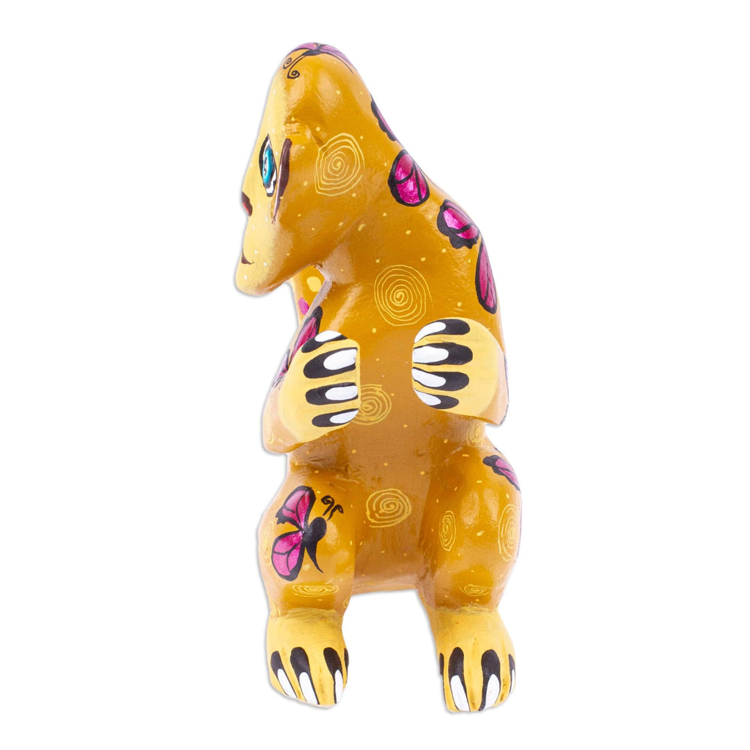 Butterfly-Themed Honey Copal Wood Alebrije Monkey Figurine - Playful Soul in Honey
