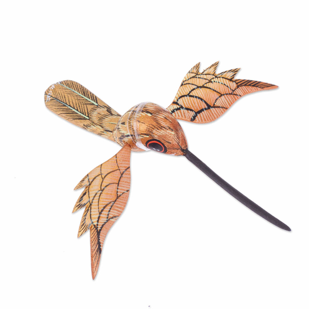 Painted Caramel Copal Wood Alebrije Hummingbird Ornament - Caramel Flight