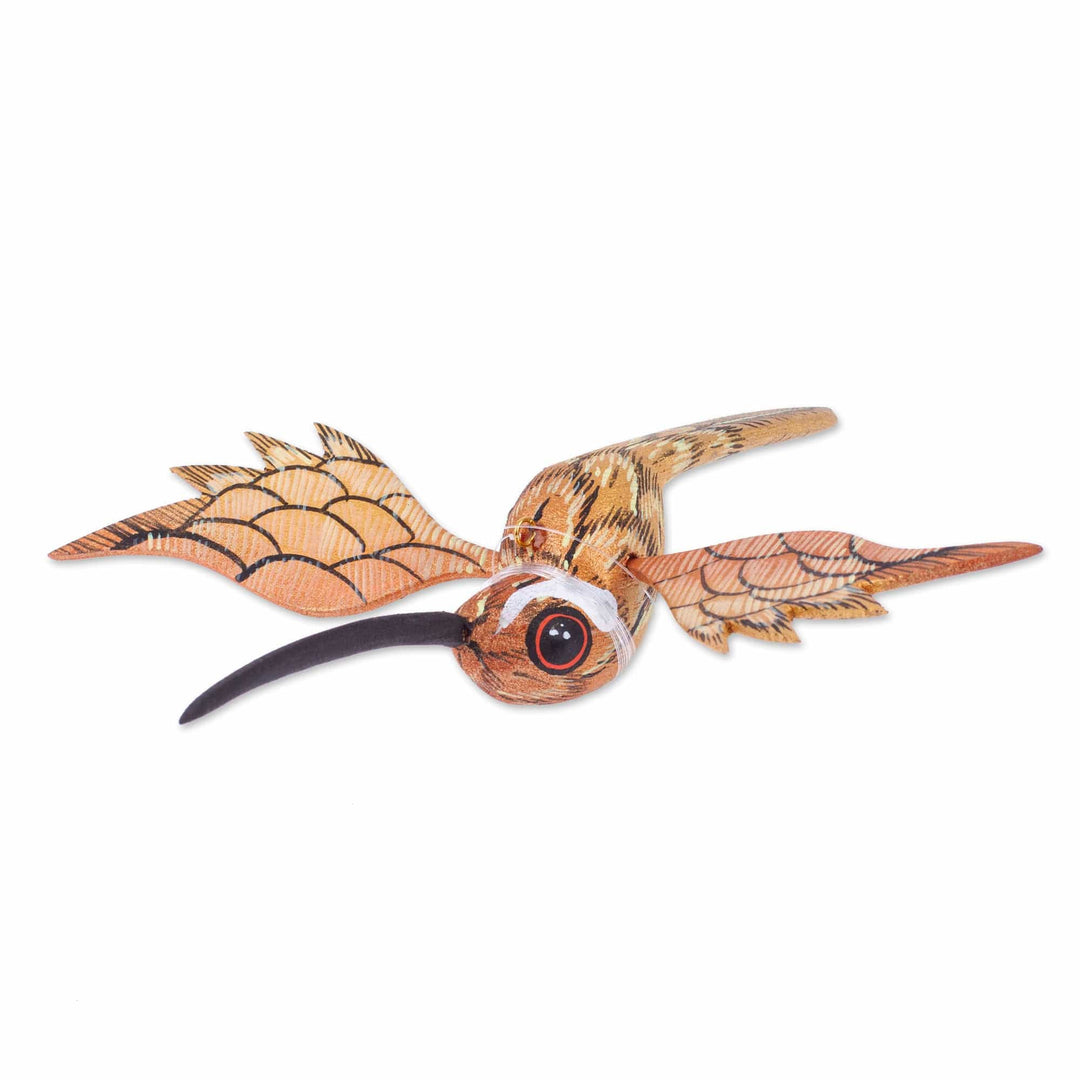 Painted Caramel Copal Wood Alebrije Hummingbird Ornament - Caramel Flight