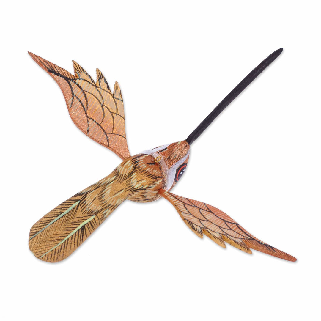 Painted Caramel Copal Wood Alebrije Hummingbird Ornament - Caramel Flight