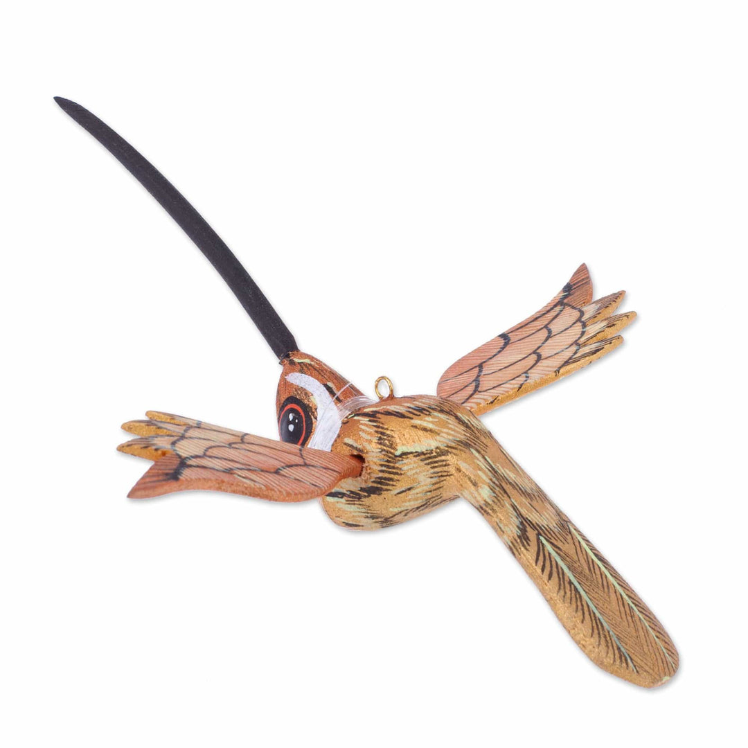 Painted Caramel Copal Wood Alebrije Hummingbird Ornament - Caramel Flight