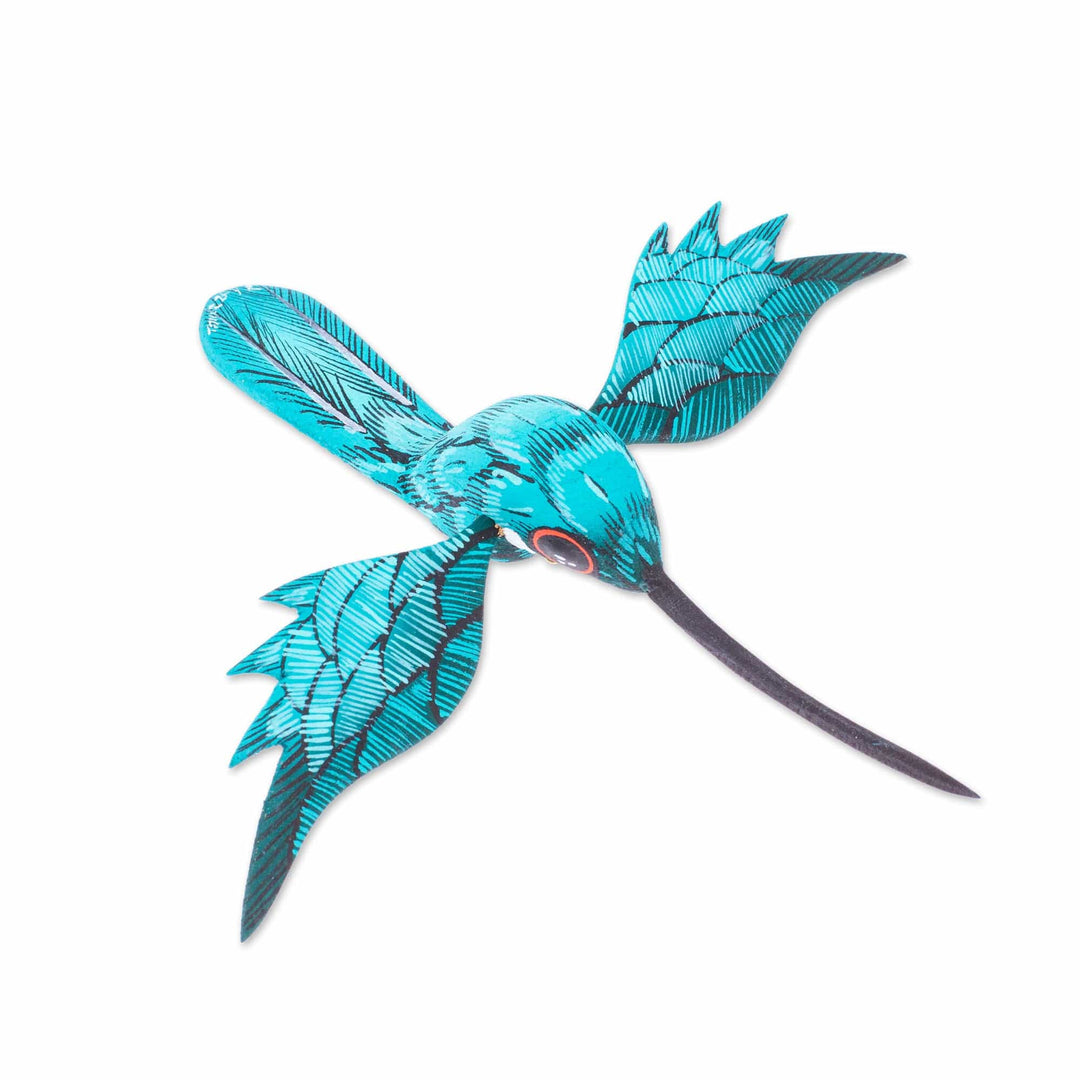 Painted Caribbean Blue Wood Alebrije Hummingbird Ornament - Caribbean Flight