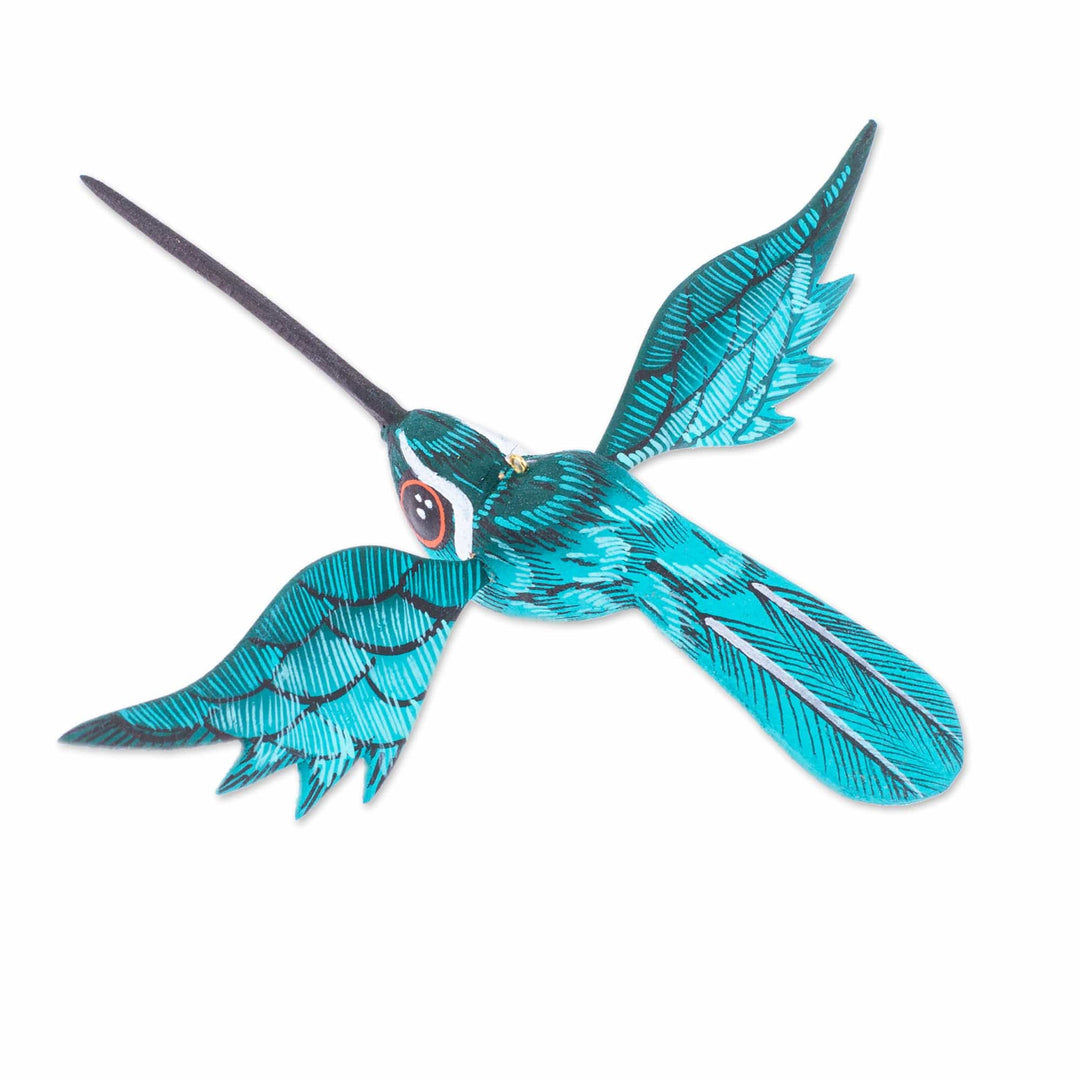 Painted Caribbean Blue Wood Alebrije Hummingbird Ornament - Caribbean Flight