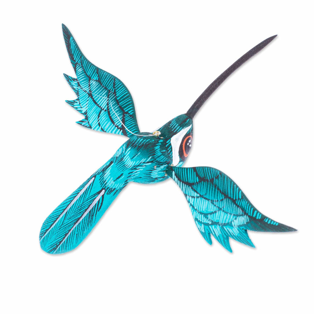 Painted Caribbean Blue Wood Alebrije Hummingbird Ornament - Caribbean Flight