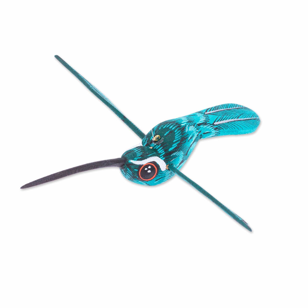 Painted Caribbean Blue Wood Alebrije Hummingbird Ornament - Caribbean Flight