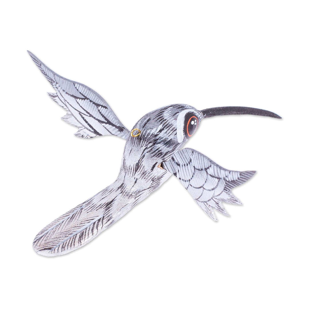 Painted Grey Copal Wood Alebrije Hummingbird Ornament - Grey Flight