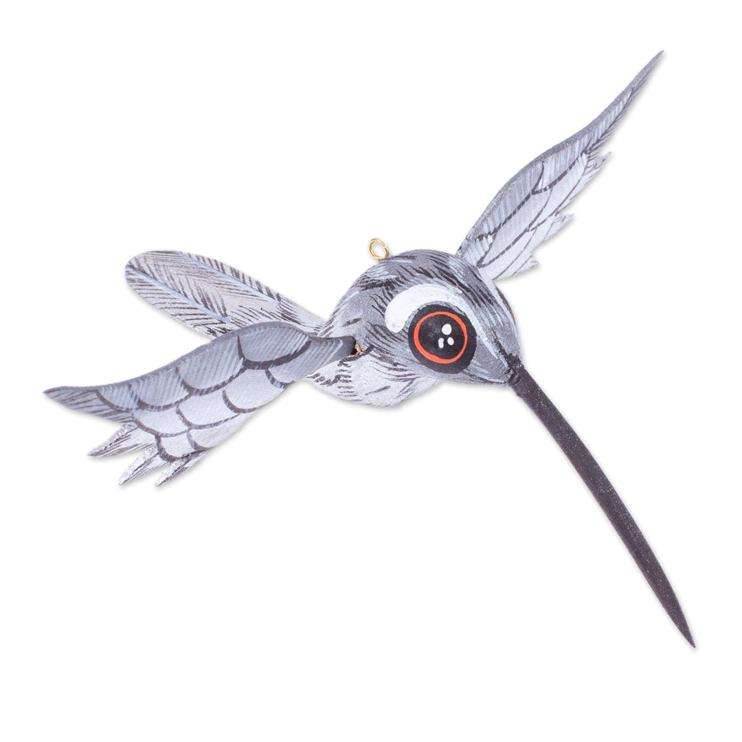 Painted Grey Copal Wood Alebrije Hummingbird Ornament - Grey Flight