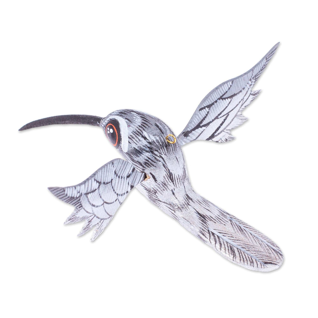 Painted Grey Copal Wood Alebrije Hummingbird Ornament - Grey Flight