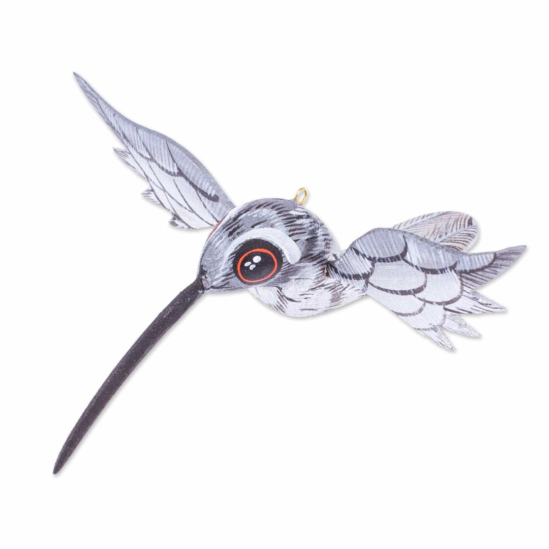 Painted Grey Copal Wood Alebrije Hummingbird Ornament - Grey Flight