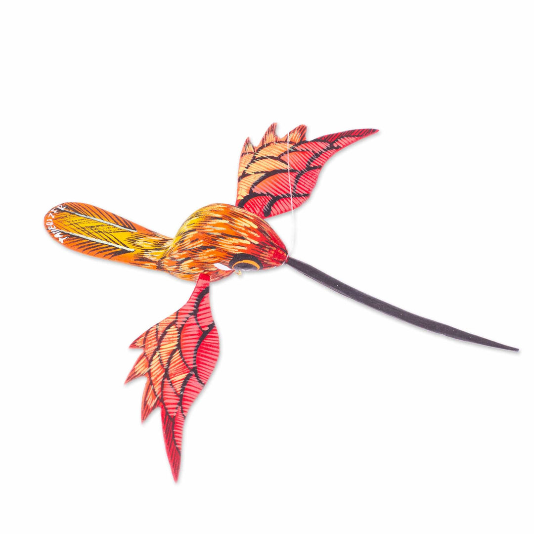 Painted Geranium Copal Wood Alebrije Hummingbird Ornament - Geranium Flight