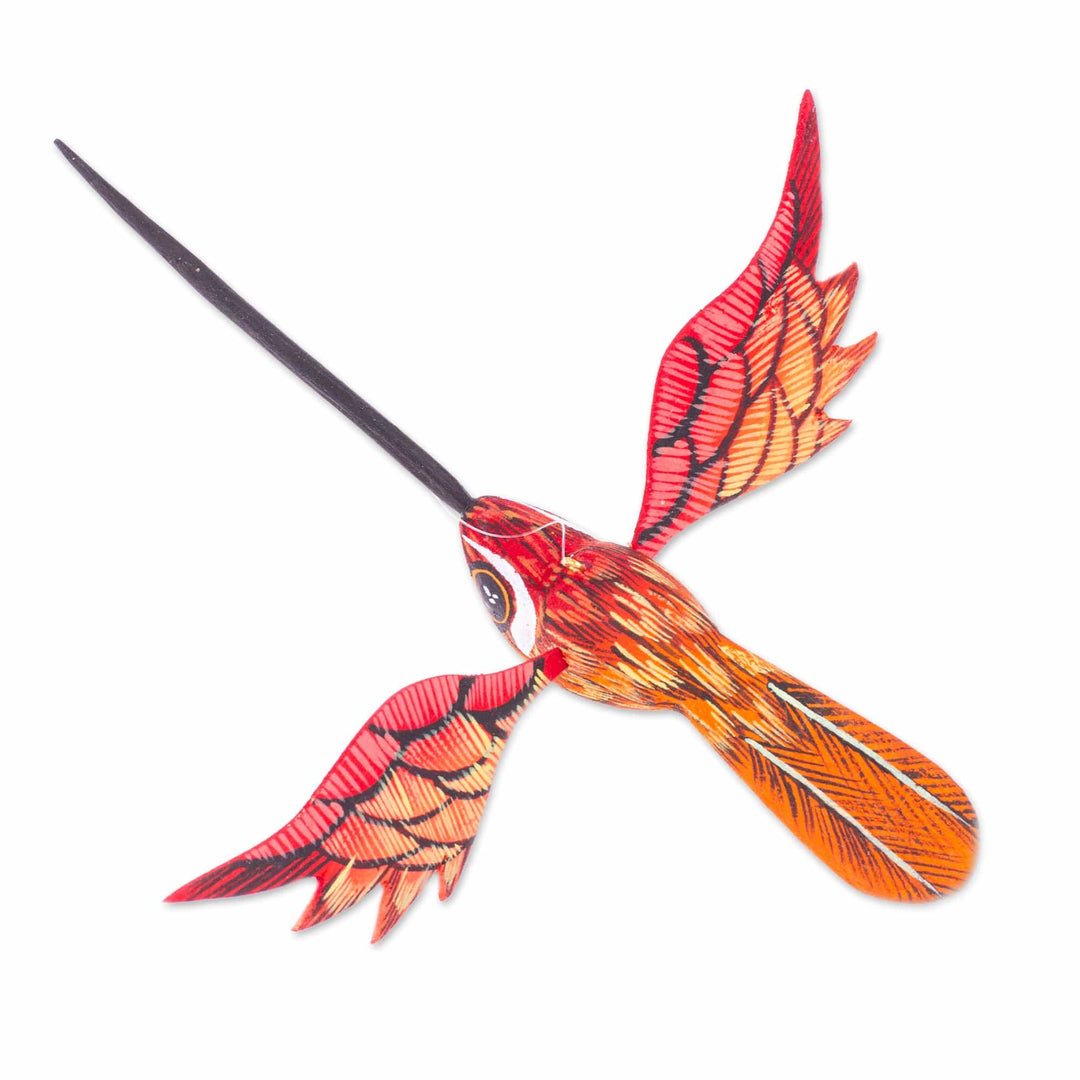 Painted Geranium Copal Wood Alebrije Hummingbird Ornament - Geranium Flight