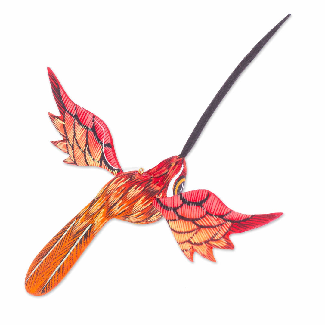 Painted Geranium Copal Wood Alebrije Hummingbird Ornament - Geranium Flight