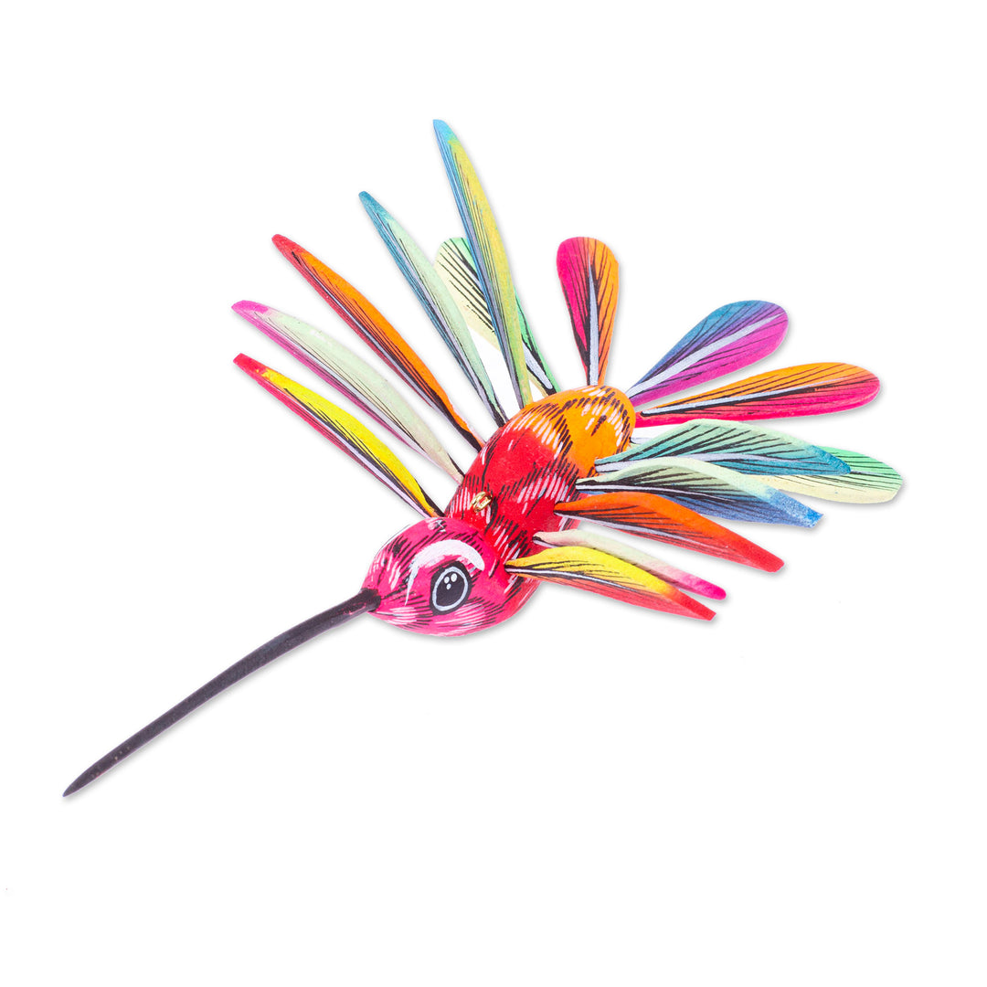 Hand-Painted Carnation Copal Wood Alebrije Bird Ornament - Festival Plumage