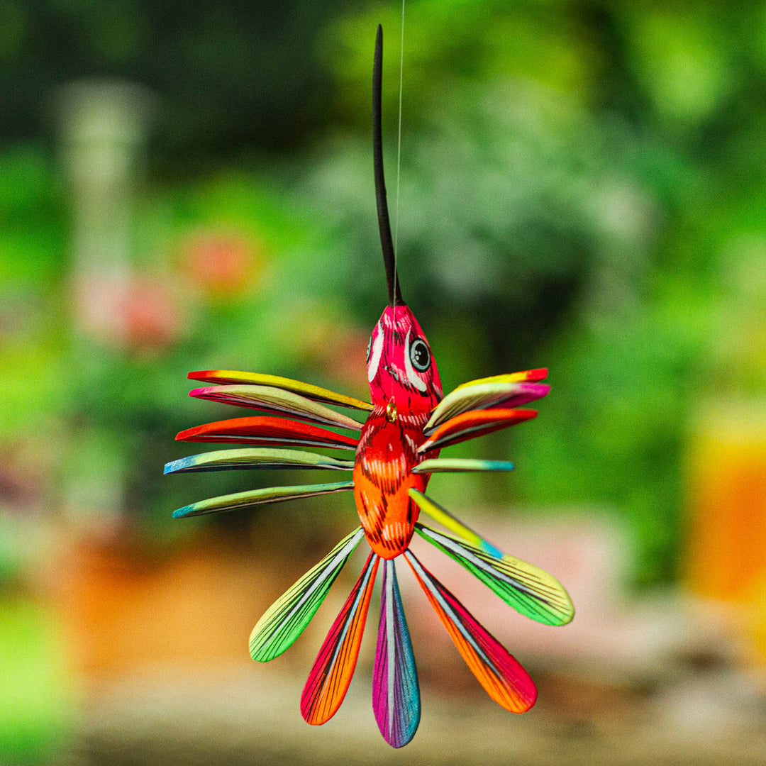 Hand-Painted Carnation Copal Wood Alebrije Bird Ornament - Festival Plumage
