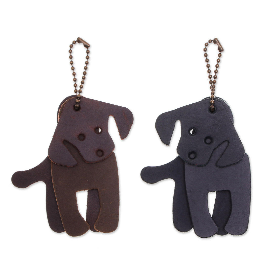 Set of Two Dog-Themed Leather Keychains in Dark Hues - Night Canines
