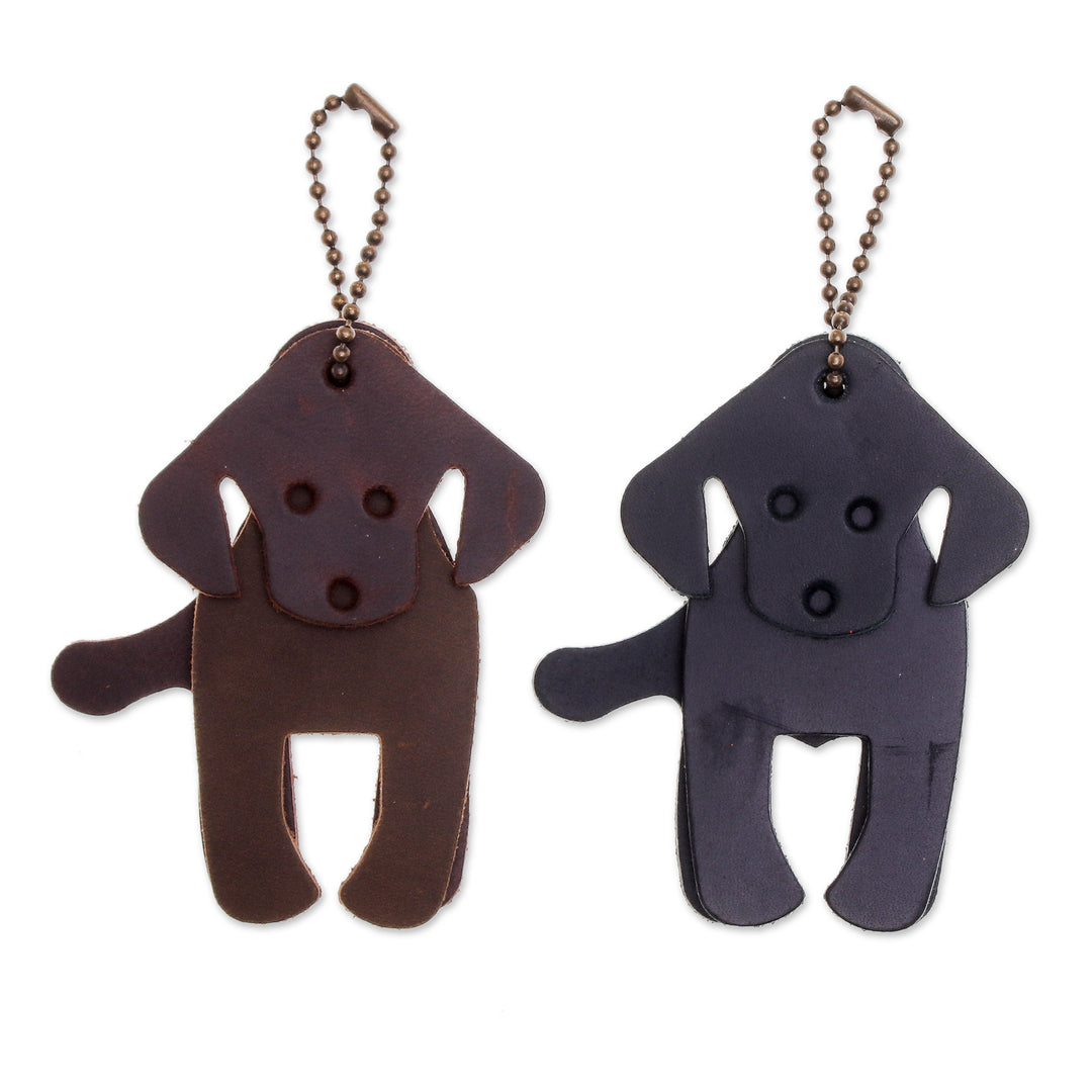 Set of Two Dog-Themed Leather Keychains in Dark Hues - Night Canines