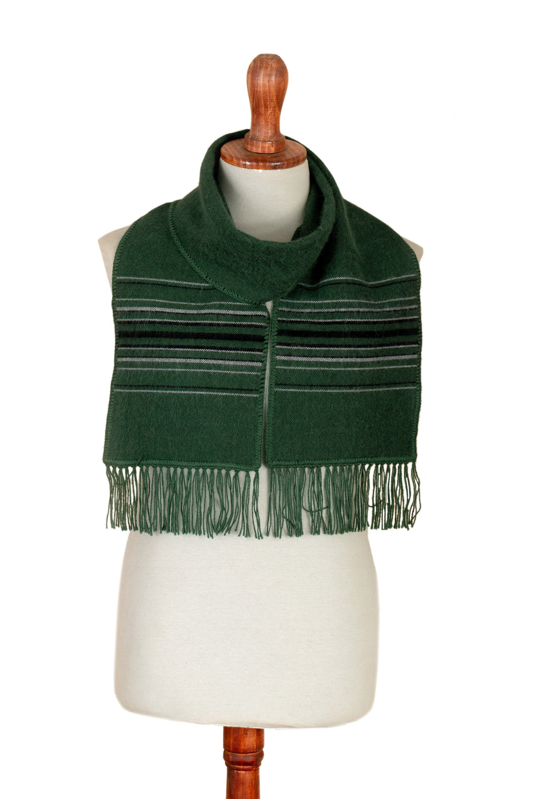 Woven Striped Men's Alpaca Blend Scarf in Green with Fringes - Stripes in Style