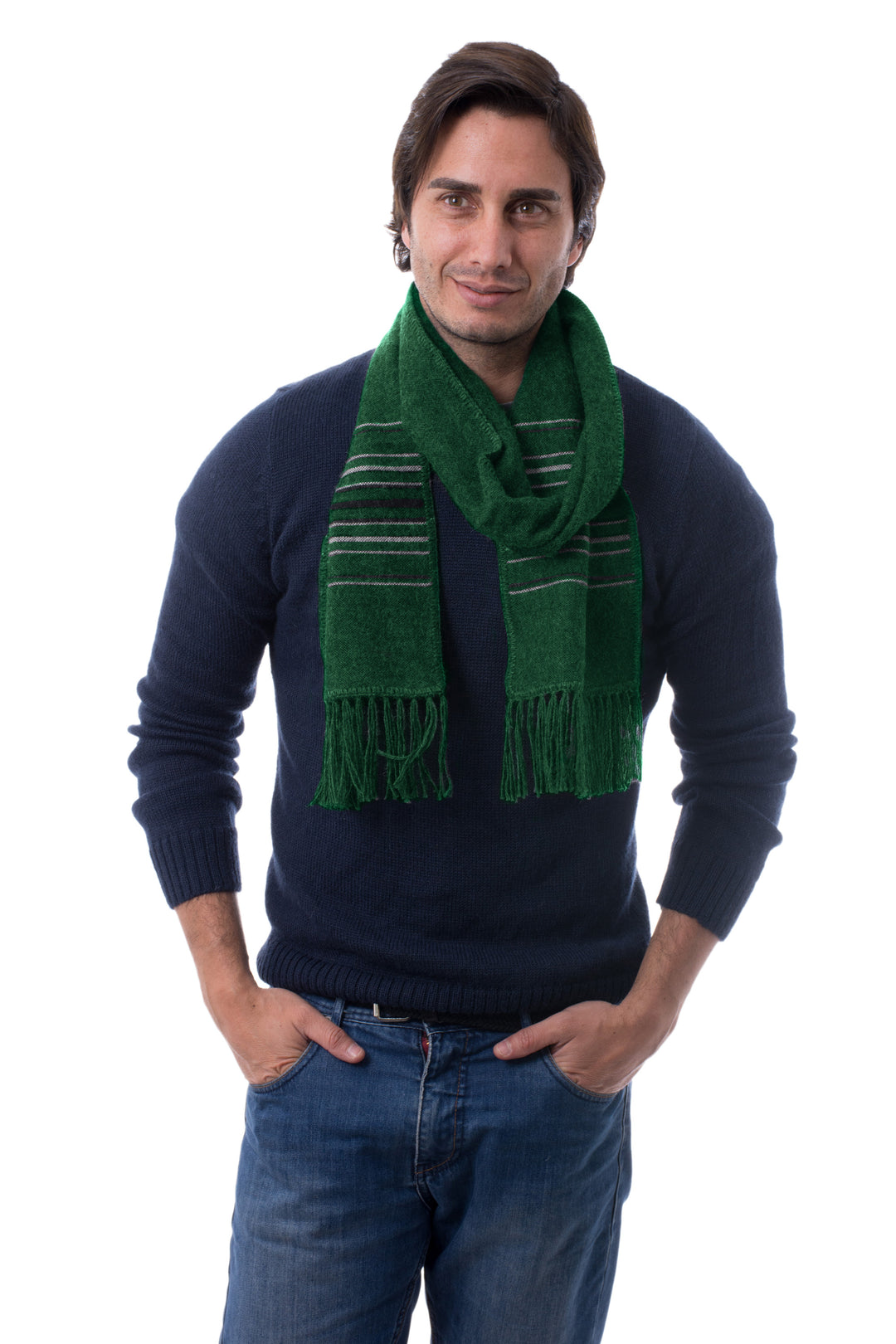 Woven Striped Men's Alpaca Blend Scarf in Green with Fringes - Forest Andean Clouds