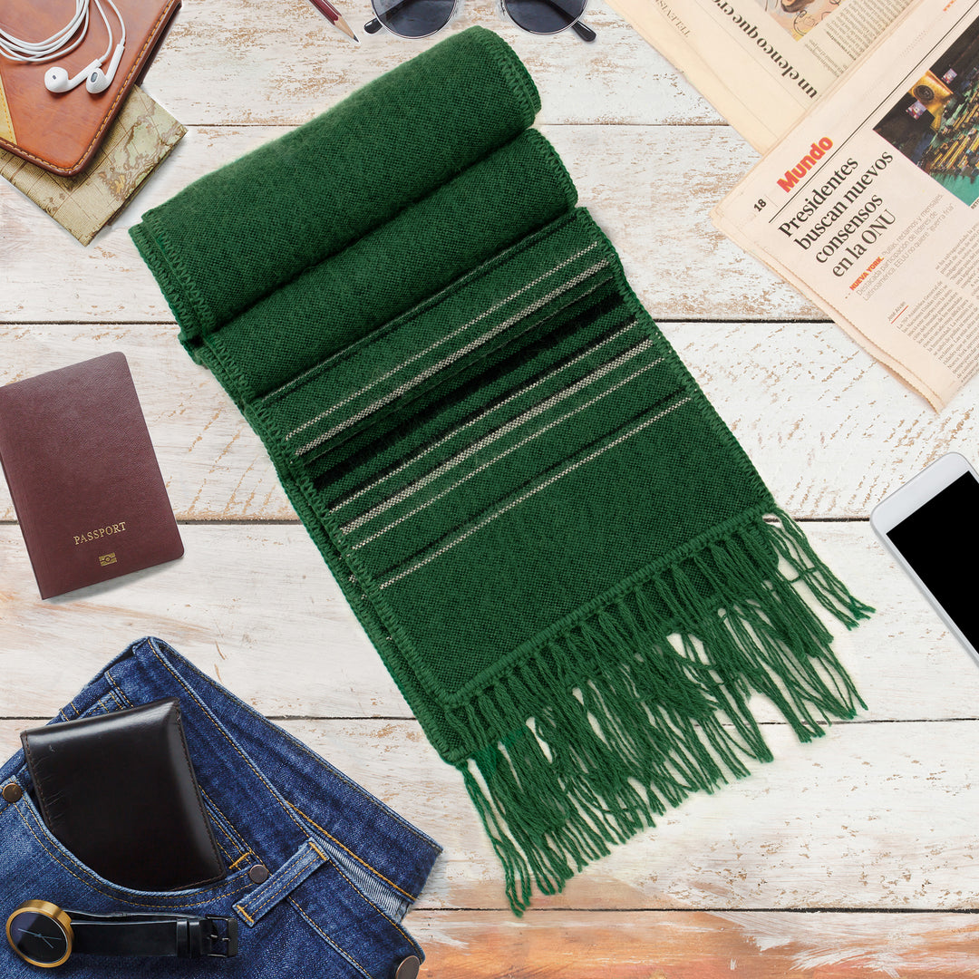 Woven Striped Men's Alpaca Blend Scarf in Green with Fringes - Forest Andean Clouds