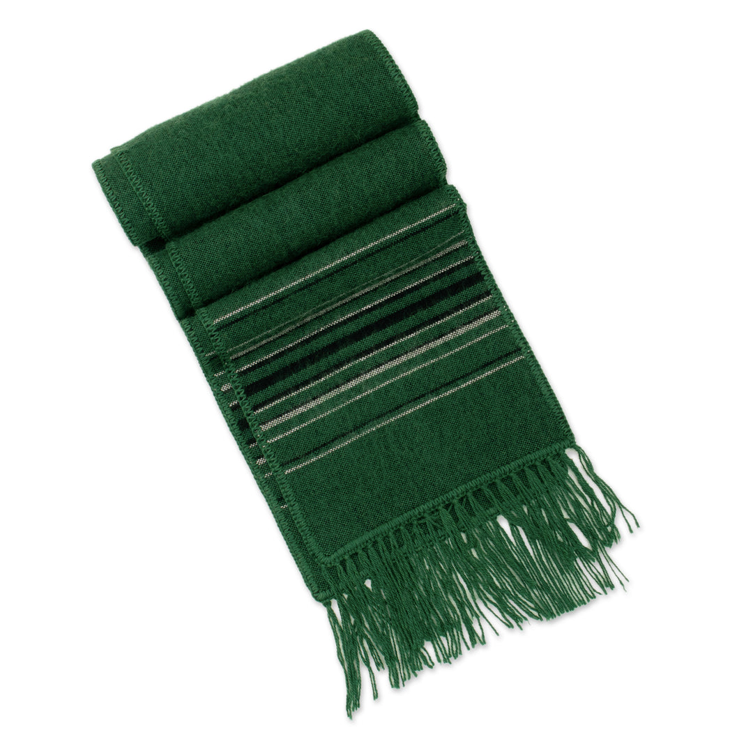 Woven Striped Men's Alpaca Blend Scarf in Green with Fringes - Forest Andean Clouds