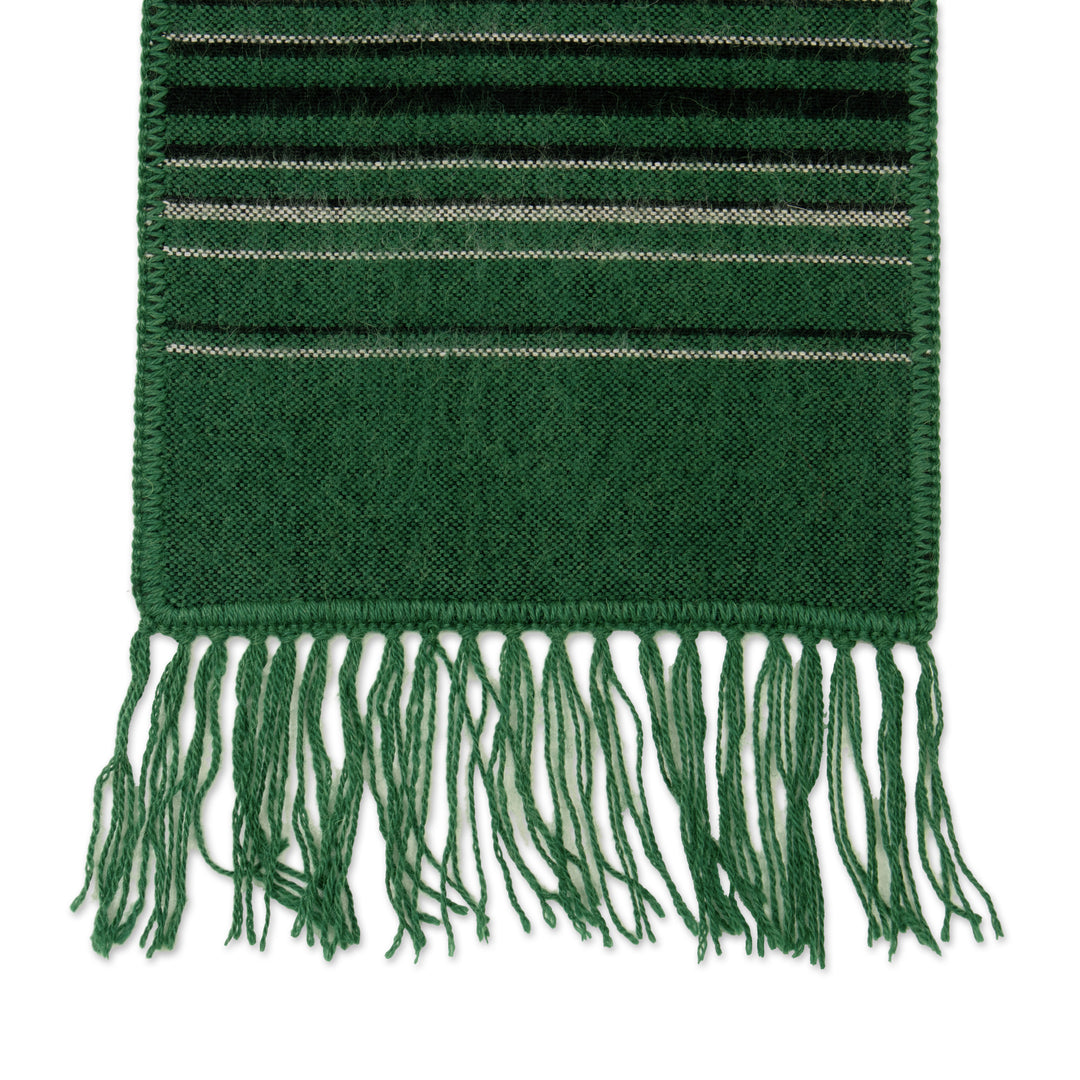 Woven Striped Men's Alpaca Blend Scarf in Green with Fringes - Forest Andean Clouds