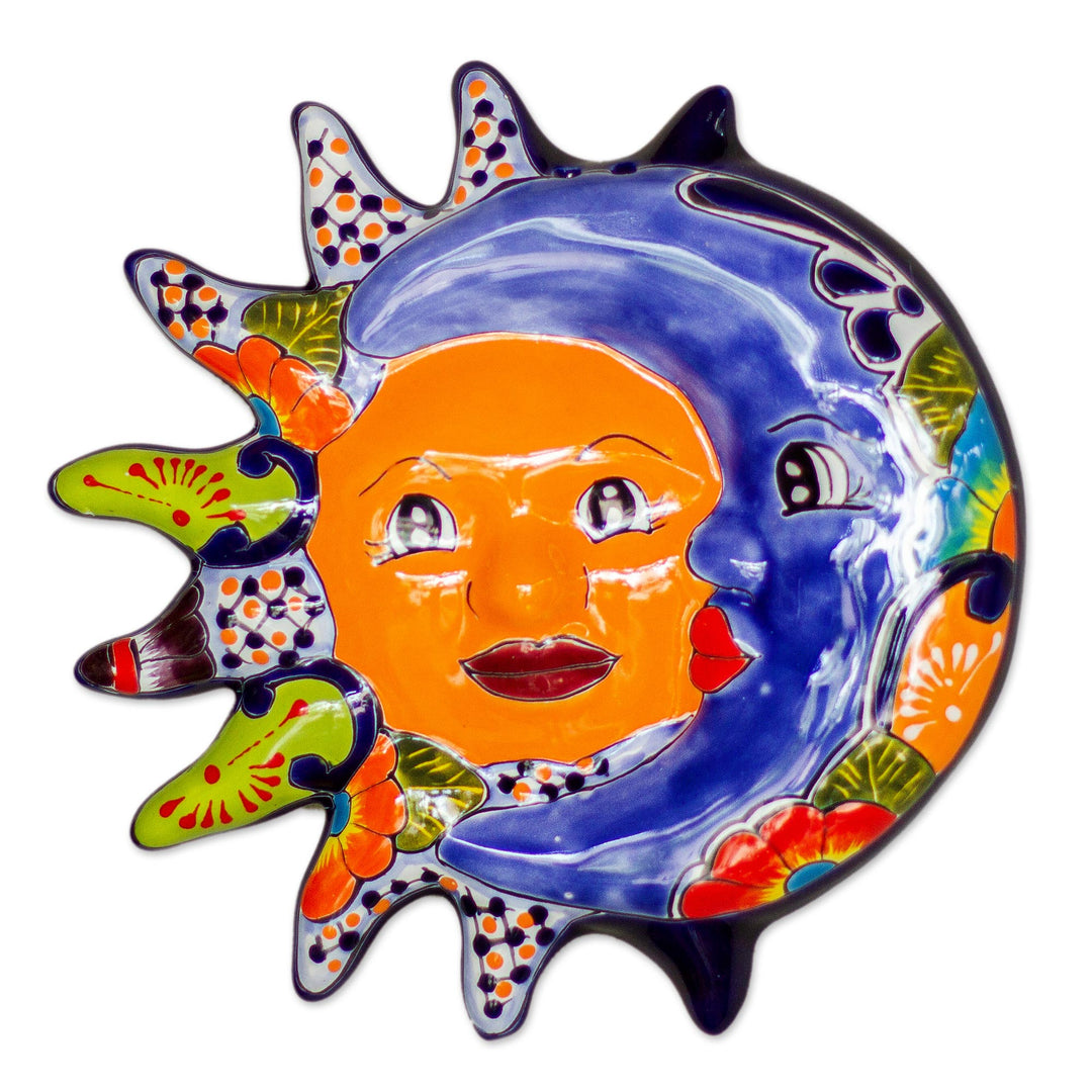 Hand-Painted Sun and Moon Ceramic Wall Sculpture from Mexico - Delightful Eclipse