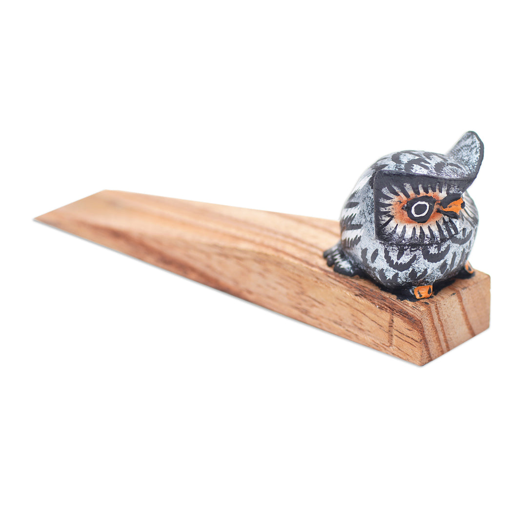 Hand-Carved and Hand-Painted Owl Wood Door Stopper from Bali - Delightful Owl