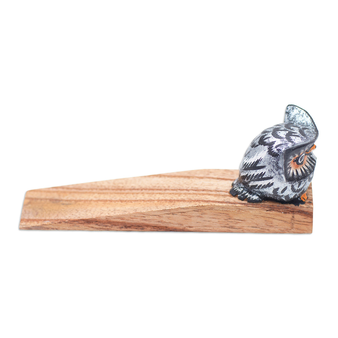 Hand-Carved and Hand-Painted Owl Wood Door Stopper from Bali - Delightful Owl