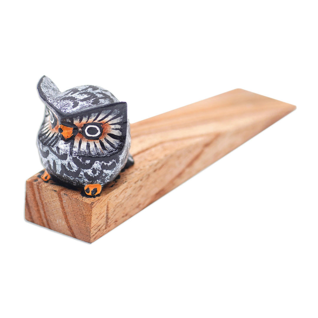 Hand-Carved and Hand-Painted Owl Wood Door Stopper from Bali - Delightful Owl